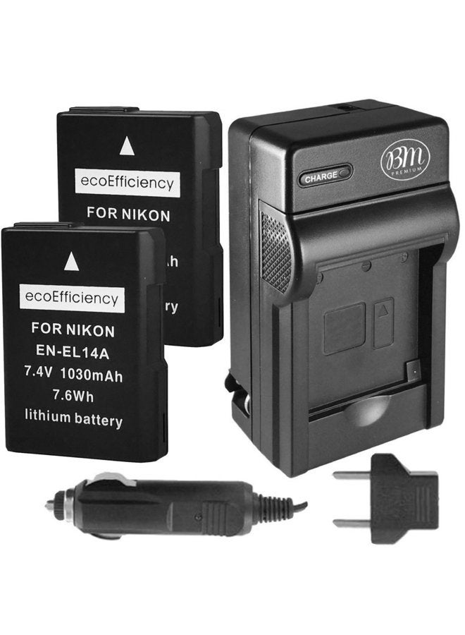 ecoEfficiency 2-Pack of EN-EL14, EN-EL14A Batteries + Battery Charger for Nikon D3500, D3100, D3200, D3300, D3400, D5100, D5200, D5300, D5500, D5600, DF, Coolpix P7000, P7100, P7700, P7800 Cameras - Image 1