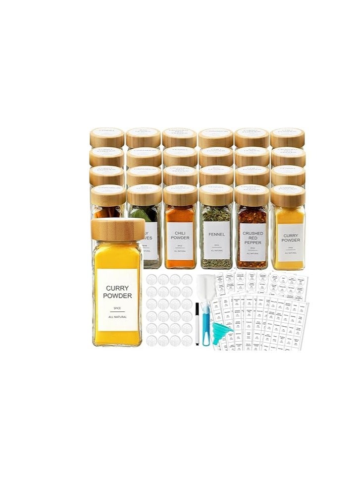 Iceprene Glass Spice Jars Set, with Sealed Bamboo Lids and 398 Labels, Empty Square Spice Jars, Spice Organizer, with Spray, Funnel, Brush and Pen Caps, 120ml, 24 Pieces - Image 1