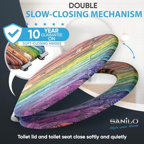 SANILO Wooden Toilet Seat with Soft Close [ELONGATED] - Decorative, Quiet & Slow Close Molded Wood Seat - With Strong Bumpers & Hinges - Adjustable Fit - Rainbow - Image 3