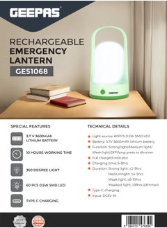 GEEPAS Geepas Rechargeable Emergency Lantern| 3600 mAh Lithium Battery| 10 Hours Working Time 360 Degree Light| GE51068  - Image 5
