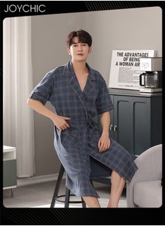 Joychic Classic Lattice Pattern Men's Pure Cotton Pajamas Youth Short-sleeved All-in-one Loose Breathable Sleep Robe with Adjustbale Belt Blue  - Image 2