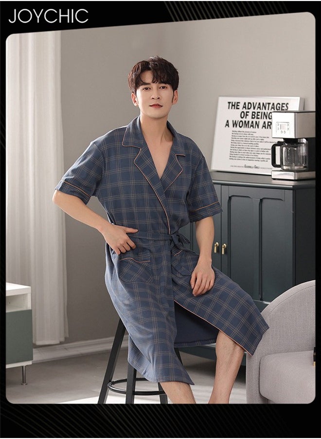 Joychic - Classic Lattice Pattern Men's Pure Cotton Pajamas Youth Short-sleeved All-in-one Loose Breathable Sleep Robe with Adjustbale Belt Blue - Image 1