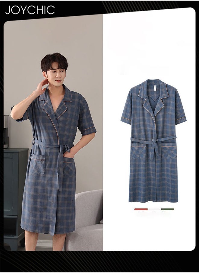 Joychic - Classic Lattice Pattern Men's Pure Cotton Pajamas Youth Short-sleeved All-in-one Loose Breathable Sleep Robe with Adjustbale Belt Blue - Image 1