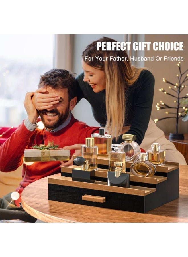 Wooden Cologne Organizer for Men, 3 Tier Perfume Organizer Display Shelf with Drawer Storage and Hidden Compartment, Large Capacity Walnut Perfume Holder Great Gift for Man (Black) - Image 2