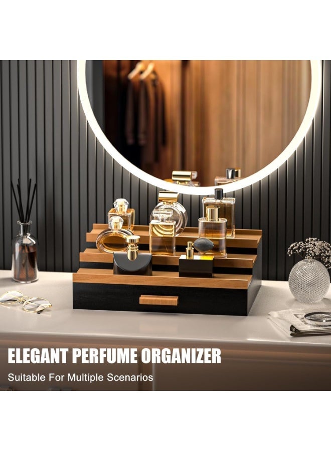 Wooden Cologne Organizer for Men, 3 Tier Perfume Organizer Display Shelf with Drawer Storage and Hidden Compartment, Large Capacity Walnut Perfume Holder Great Gift for Man (Black) - Image 3