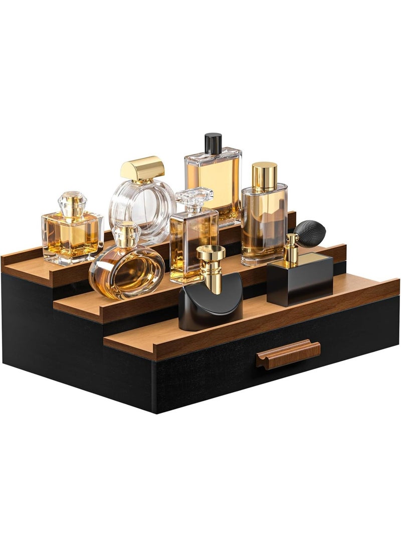 Wooden Cologne Organizer for Men, 3 Tier Perfume Organizer Display Shelf with Drawer Storage and Hidden Compartment, Large Capacity Walnut Perfume Holder Great Gift for Man (Black) - Image 1