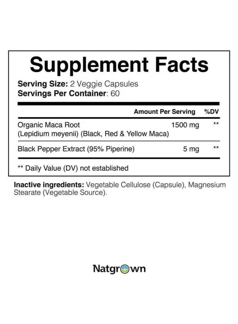 Natgrown Maca Root Capsules 1500mg Extra Strength – Black, Red & Yellow Peruvian Maca for Vitality & Balance – 120 Veggie Capsules - Image 2