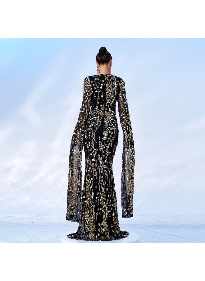 Madam Uniq Ultra long sleeve temperament round neck slim fit long sequin bead banquet evening dress  - Image 2