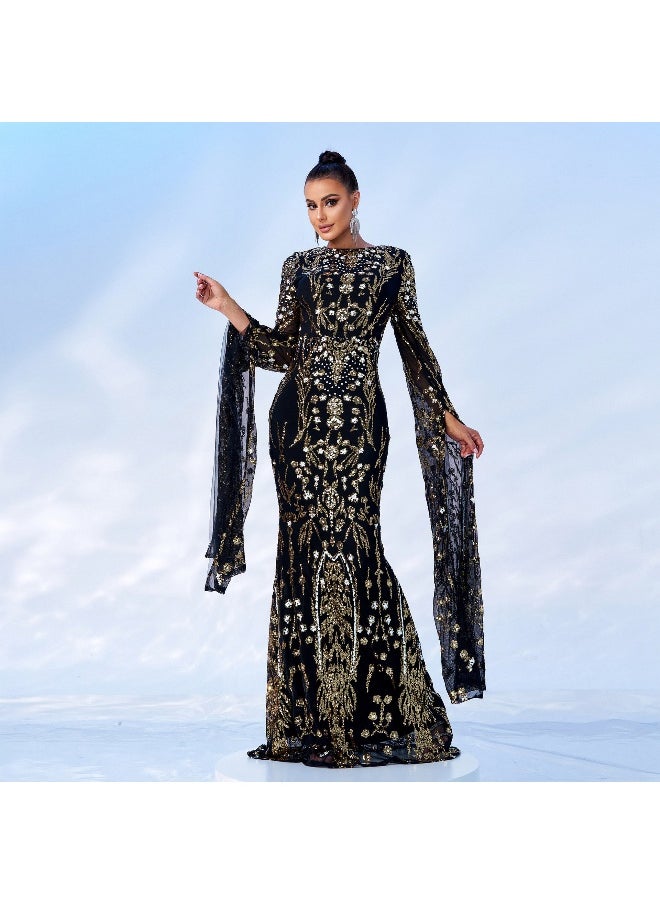 Madam Uniq Ultra long sleeve temperament round neck slim fit long sequin bead banquet evening dress  - Image 5