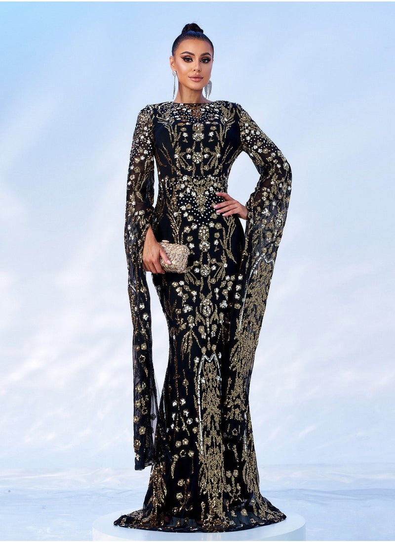 Madam Uniq Ultra long sleeve temperament round neck slim fit long sequin bead banquet evening dress  - Image 1