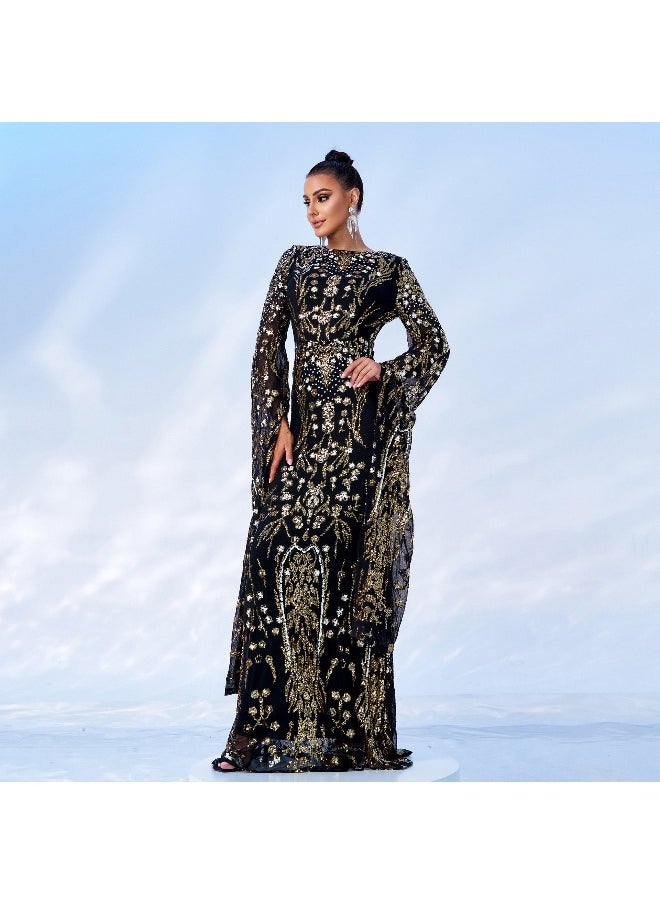 Madam Uniq Ultra long sleeve temperament round neck slim fit long sequin bead banquet evening dress  - Image 4