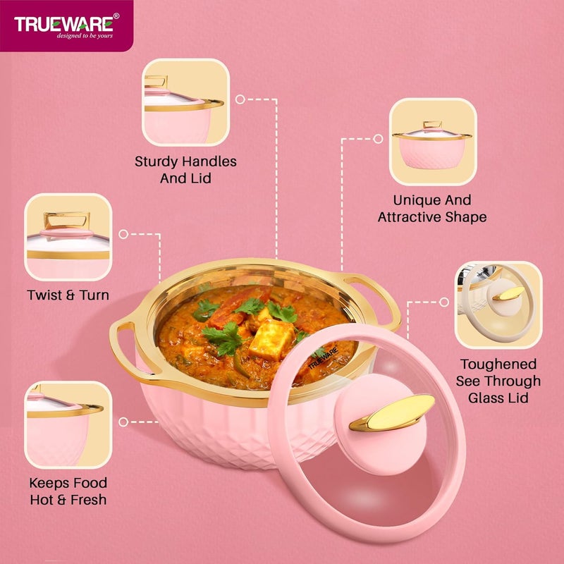 Trueware Classic Inner Steel with See Through Toughened Glass Lid Casserole 2500 ml Pink PU Insulated BPA Free Oduor Proof Food Grade Ideal for Chapatti Roti Curd Maker Hot Pot - Image 4
