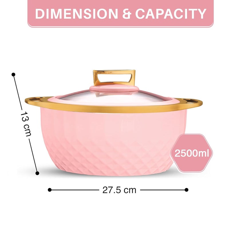 Trueware Classic Inner Steel with See Through Toughened Glass Lid Casserole 2500 ml Pink PU Insulated BPA Free Oduor Proof Food Grade Ideal for Chapatti Roti Curd Maker Hot Pot - Image 2
