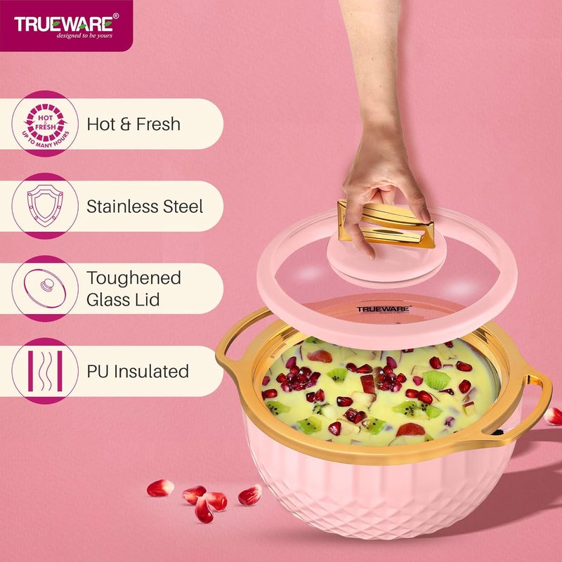 Trueware Classic Inner Steel with See Through Toughened Glass Lid Casserole 2500 ml Pink PU Insulated BPA Free Oduor Proof Food Grade Ideal for Chapatti Roti Curd Maker Hot Pot - Image 3
