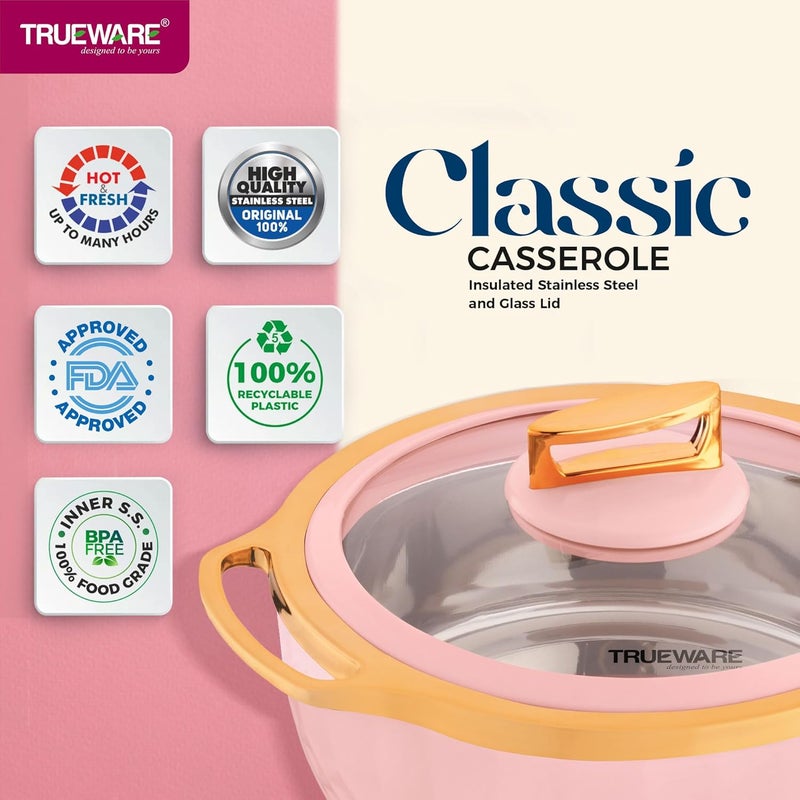 Trueware Classic Inner Steel with See Through Toughened Glass Lid Casserole 2500 ml Pink PU Insulated BPA Free Oduor Proof Food Grade Ideal for Chapatti Roti Curd Maker Hot Pot - Image 5