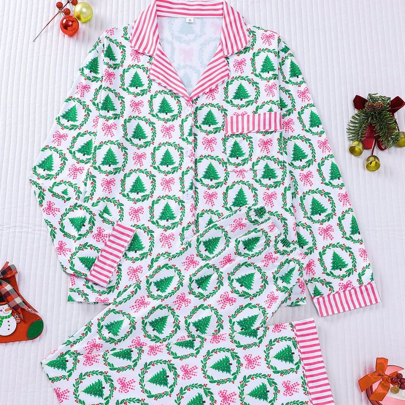 Women's Sleepwear Set with Cartoon Print and Pink Stripes, Long Sleeve Top and Pants - Image 1