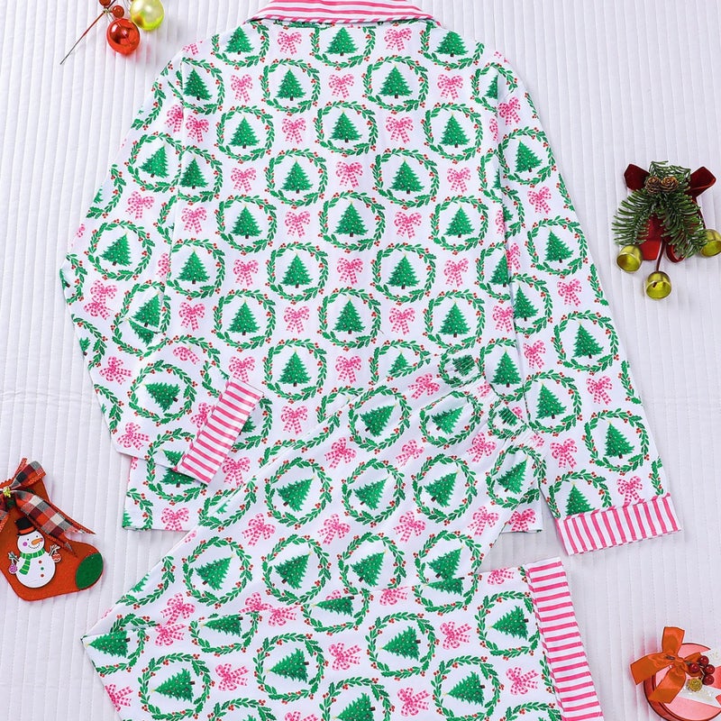 Women's Sleepwear Set with Cartoon Print and Pink Stripes, Long Sleeve Top and Pants - Image 2