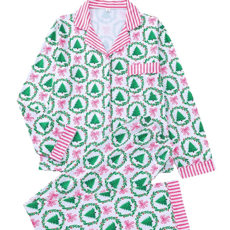 Women's Sleepwear Set with Cartoon Print and Pink Stripes, Long Sleeve Top and Pants - Image 5