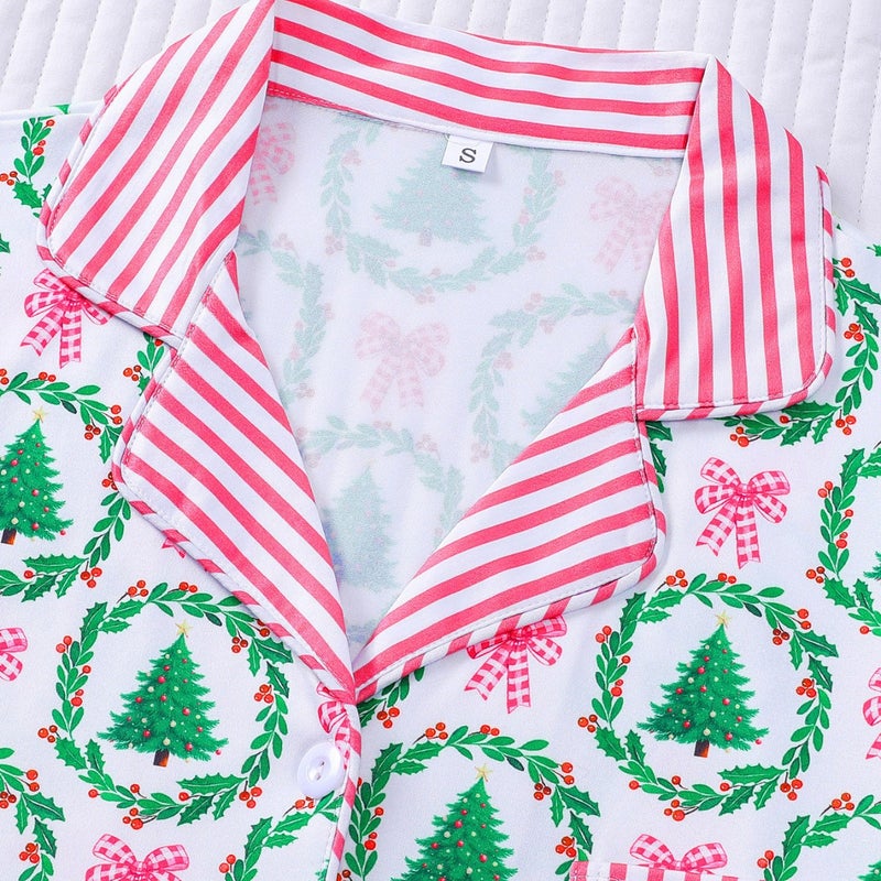 Women's Sleepwear Set with Cartoon Print and Pink Stripes, Long Sleeve Top and Pants - Image 3