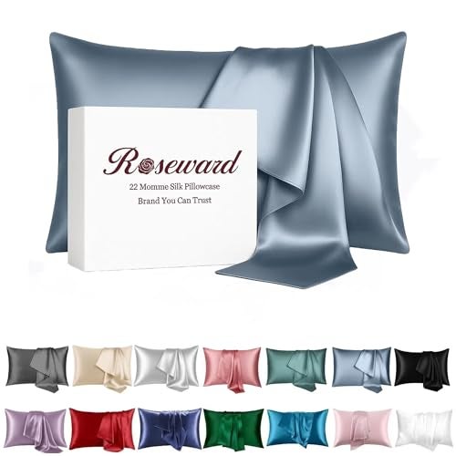 ROSEWARD Anti Acne Pillow Cases Hypoallergenic USA Made King Size Silk Pillowcase for Hair and Skin Premium 22 Momme Pure Mulberry Silk Pillow Cover 1 Pc 20x36 King Blue Grey - Image 1
