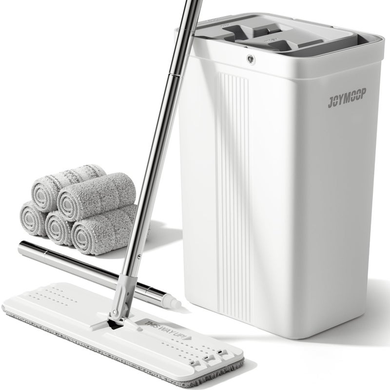JOYMOOP Mop and Bucket with Wringer Set, White Flat Squeeze Mop Bucket Set for Floor Cleaning, Wet Dry Mops for Walls, Wall Cleaner with Long Handle, Hardwood Floor Mop-5 Microfiber Cloths - Image 1