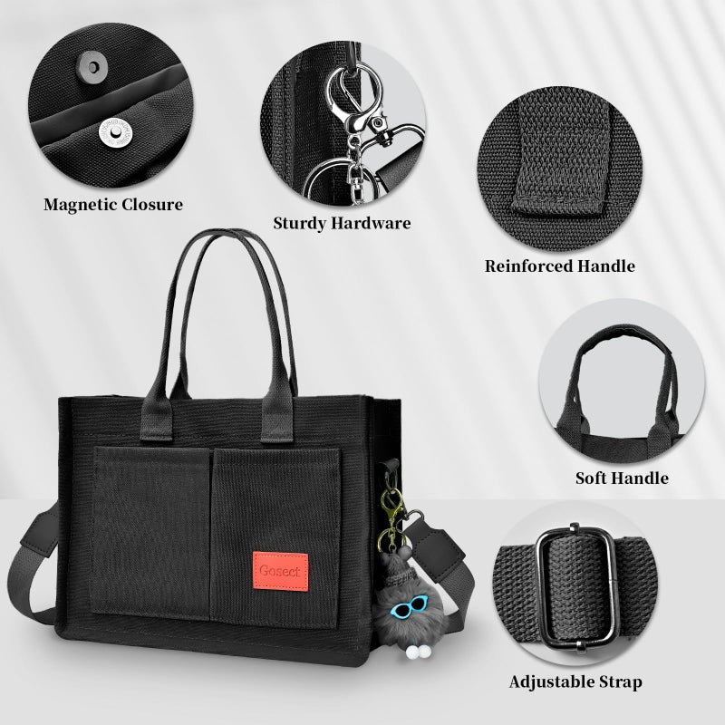 Gosect Canvas Tote Bag for Women With Pockets, Laptop Work Crossbody Purses Everything Shoulder Tote Bag Everyday Satchel Handbags (Black) - Image 5