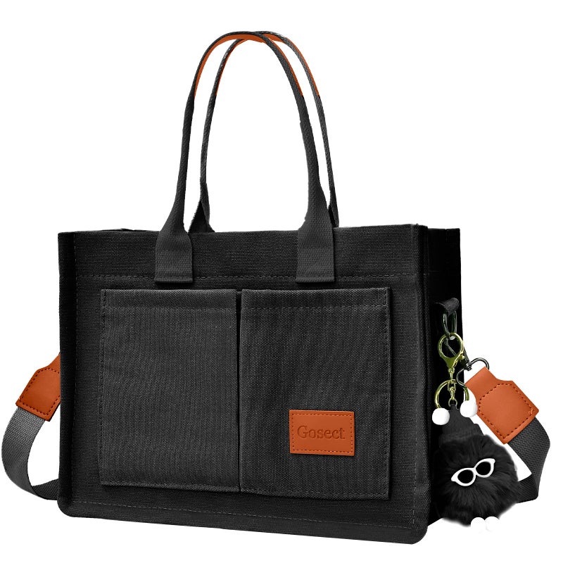 Gosect Canvas Tote Bag for Women With Pockets, Laptop Work Crossbody Purses Everything Shoulder Tote Bag Everyday Satchel Handbags (Black) - Image 1