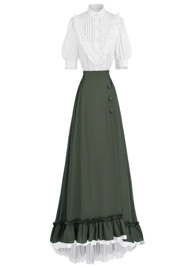 FCCAM FCCAM FCCAM Victorian Dress for Women Green 1800s Edwardian Ball Gown Ruffle Maxi Dress with Pockets L - Image 1