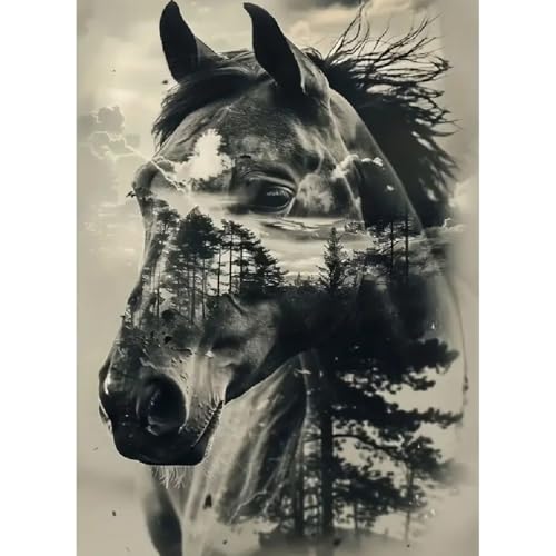 BOHADIY Horse Diamond Art Painting Kits for Adults, Full Drill Tree Diamond Dots Paintings for Beginners, Round 5D Paint with Diamonds Pictures Gem Art Painting Kits DIY Crafts16x12inch Animal Gray - Image 1