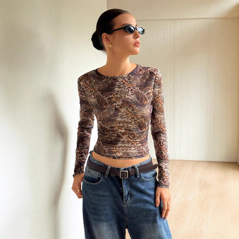 Women's Leopard Print Slim Fit Long Sleeve T-Shirt - Image 2