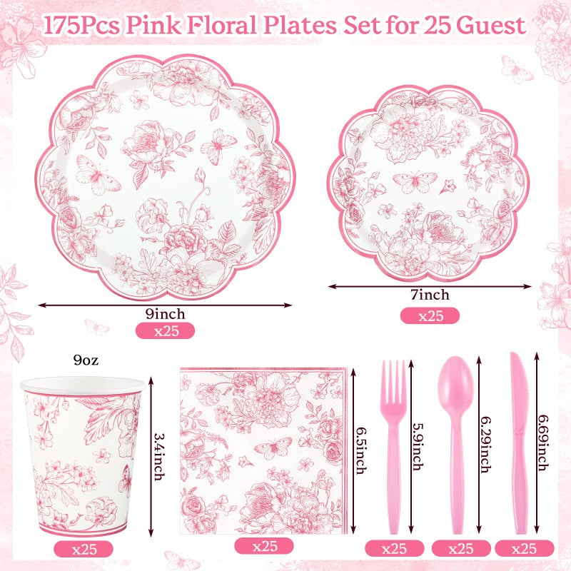 NatNarr 175 Pcs Pink Floral Plates and Napkins, 25 Guest Scalloped Vintage Floral Party Decorations Include Toile Plates Napkins Cups Cutlery for Mothers Day, Wedding, Bridal Baby Shower Tea Party - Image 2