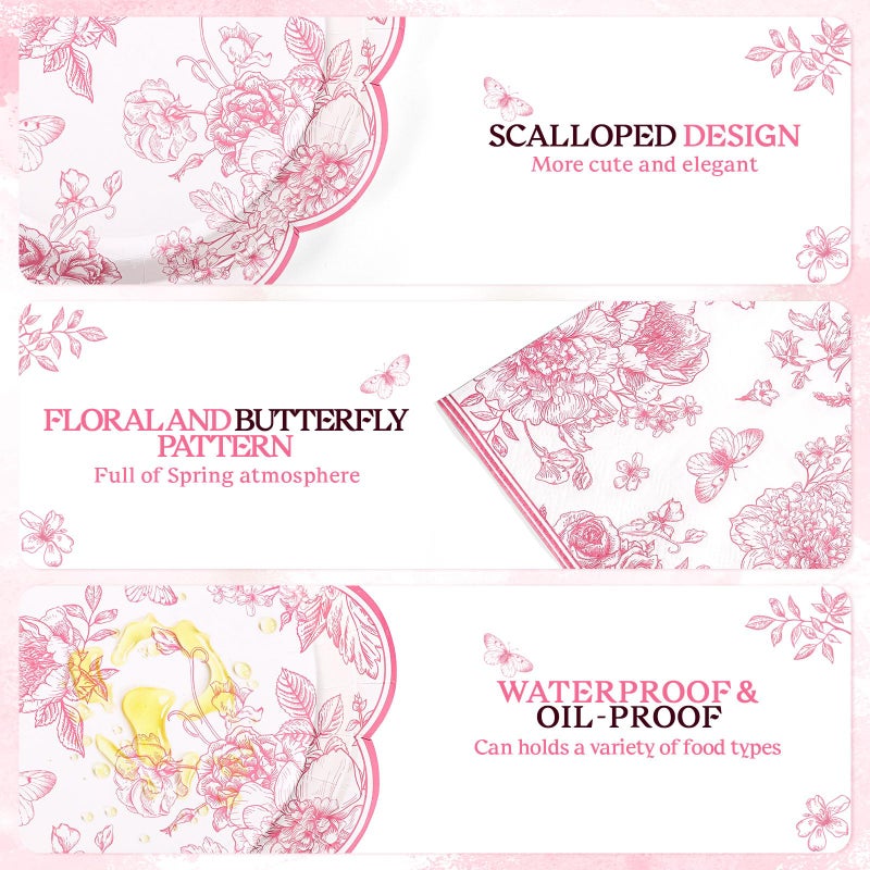 NatNarr 175 Pcs Pink Floral Plates and Napkins, 25 Guest Scalloped Vintage Floral Party Decorations Include Toile Plates Napkins Cups Cutlery for Mothers Day, Wedding, Bridal Baby Shower Tea Party - Image 3