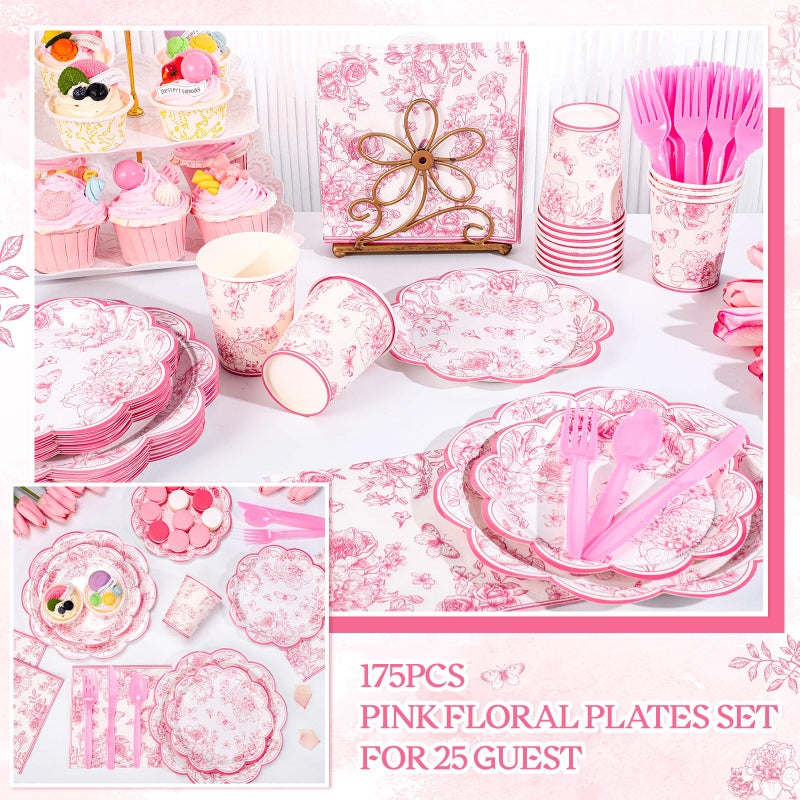 NatNarr 175 Pcs Pink Floral Plates and Napkins, 25 Guest Scalloped Vintage Floral Party Decorations Include Toile Plates Napkins Cups Cutlery for Mothers Day, Wedding, Bridal Baby Shower Tea Party - Image 5