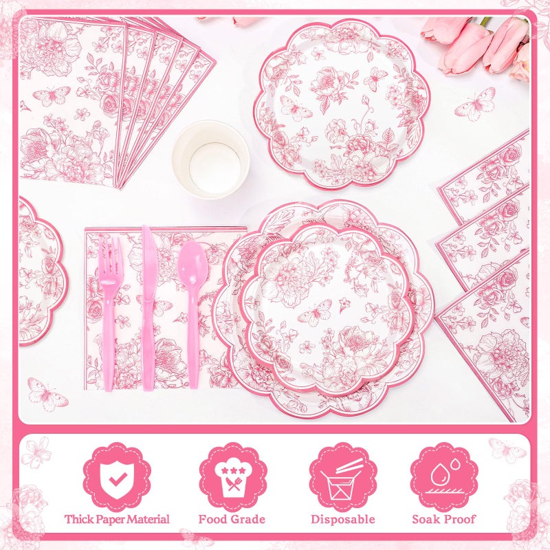 NatNarr 175 Pcs Pink Floral Plates and Napkins, 25 Guest Scalloped Vintage Floral Party Decorations Include Toile Plates Napkins Cups Cutlery for Mothers Day, Wedding, Bridal Baby Shower Tea Party - Image 4