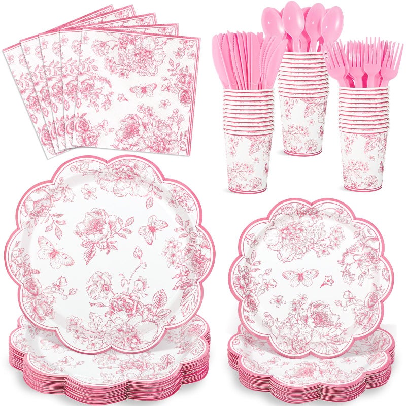 NatNarr 175 Pcs Pink Floral Plates and Napkins, 25 Guest Scalloped Vintage Floral Party Decorations Include Toile Plates Napkins Cups Cutlery for Mothers Day, Wedding, Bridal Baby Shower Tea Party - Image 1