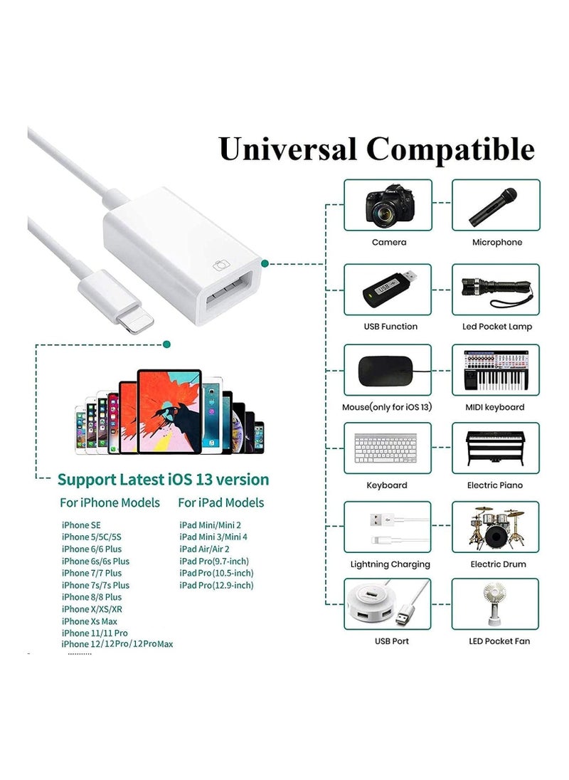 Lightning to USB Camera Adapter , 3.0 OTG Data Sync Cable for iPhone/iPad, Support Card Reader, Flash Drive, Mouse, Keyboard and Hubs, Plug and Play App Free, White