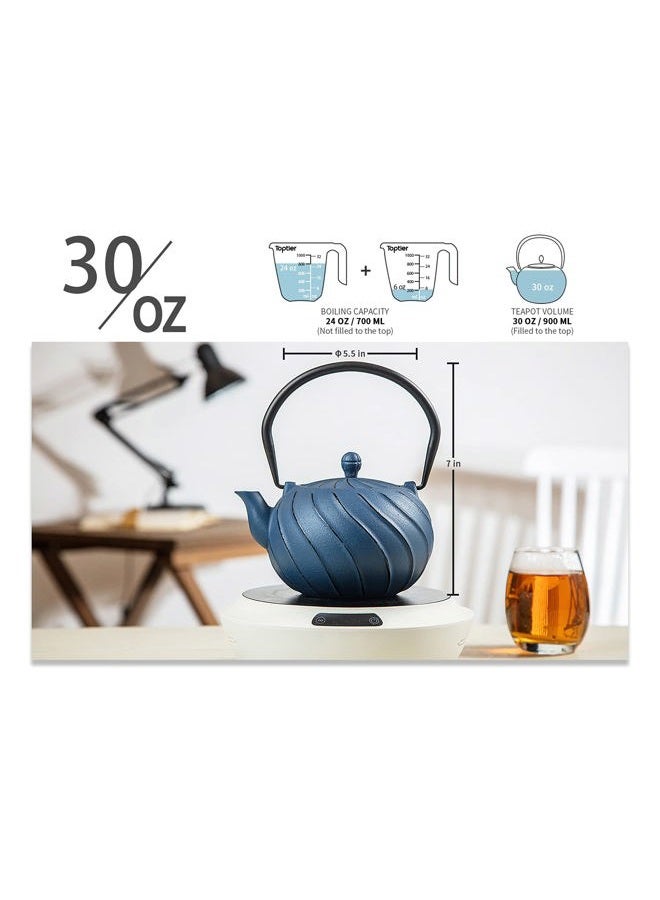 toptier Tea Kettle, Japanese Cast Iron Teapot with Stainless Steel Infuser | Cast Iron Tea Kettle Stovetop Safe [Wave Design Teapot] Coated with Enameled Interior for 30 Ounce / 900 ml, Navy Blue - Image 4