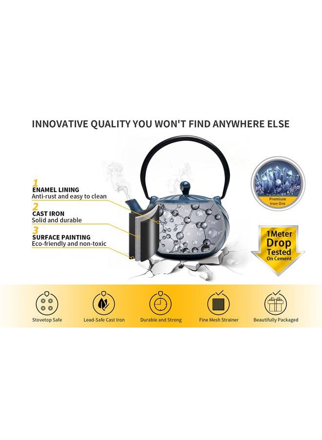 toptier Tea Kettle, Japanese Cast Iron Teapot with Stainless Steel Infuser | Cast Iron Tea Kettle Stovetop Safe [Wave Design Teapot] Coated with Enameled Interior for 30 Ounce / 900 ml, Navy Blue - Image 3