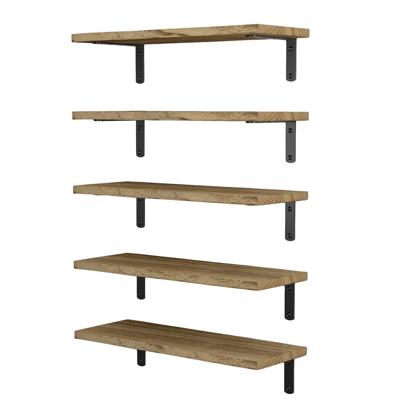 Wallniture Palma Floating Shelves for Wall, Rustic Wood Wall Shelves for Bedroom Storage, Natural Burned Small Bookshelf Set of 5 - Image 1
