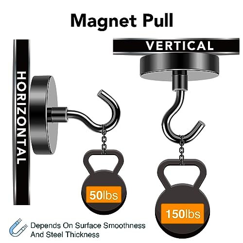 MIKEDE Magnetic Hooks, 150LB Super Strong Magnet Hooks Heavy Duty for Cruise Essentials, Black Neodymium Earth Magnets with Hook for Hanging, Magnetic Metal Hanger for Fridge, Toolbox - 4 Pack - Image 2