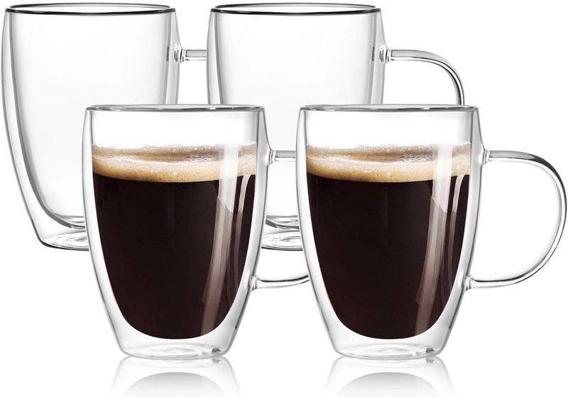 Wells 4-Pack 12 Oz Double Walled Glass Coffee Mugs with Handle, Insulated Layer Coffee Cups, Clear Borosilicate Glass Mugs, Gift for Cappuccino,Tea,Latte,Espresso,Hot Beverage,Wine, Microwave Safe, Set of 4 - Image 1