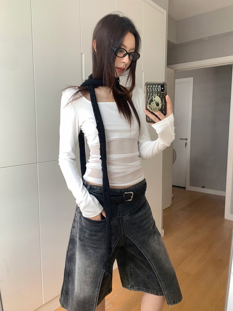 Dorothy Millennial Pure Desire Square Neck Solid Color See-Through Mesh Patchwork Elastic Slim Pleated Waist Long Sleeve T-Shirt For Women - Image 1