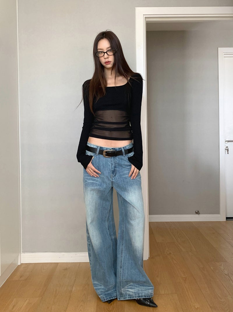 Dorothy Millennial Pure Desire Square Neck Solid Color See-Through Mesh Patchwork Elastic Slim Pleated Waist Long Sleeve T-Shirt For Women - Image 5