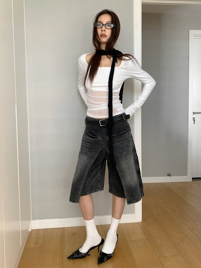 Dorothy Millennial Pure Desire Square Neck Solid Color See-Through Mesh Patchwork Elastic Slim Pleated Waist Long Sleeve T-Shirt For Women - Image 4
