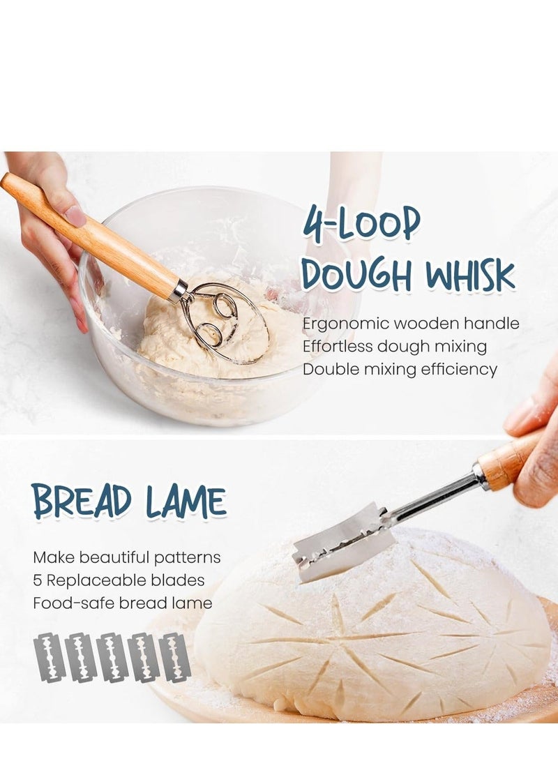 Furtey 14-piece Sourdough Starter Kit Banneton Bread Proofing Basket Set,Bread baking kit baking tools, dough scraper, cloth cover, cutting knife, trimming knife, short-handled double-eye mixer, natural rattan oval + round bread fermentation basket，Making Baking Fermentation - Image 3