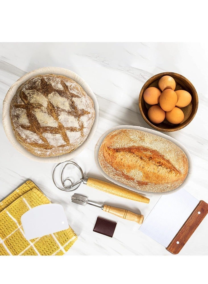 Furtey 14-piece Sourdough Starter Kit Banneton Bread Proofing Basket Set,Bread baking kit baking tools, dough scraper, cloth cover, cutting knife, trimming knife, short-handled double-eye mixer, natural rattan oval + round bread fermentation basket，Making Baking Fermentation - Image 5