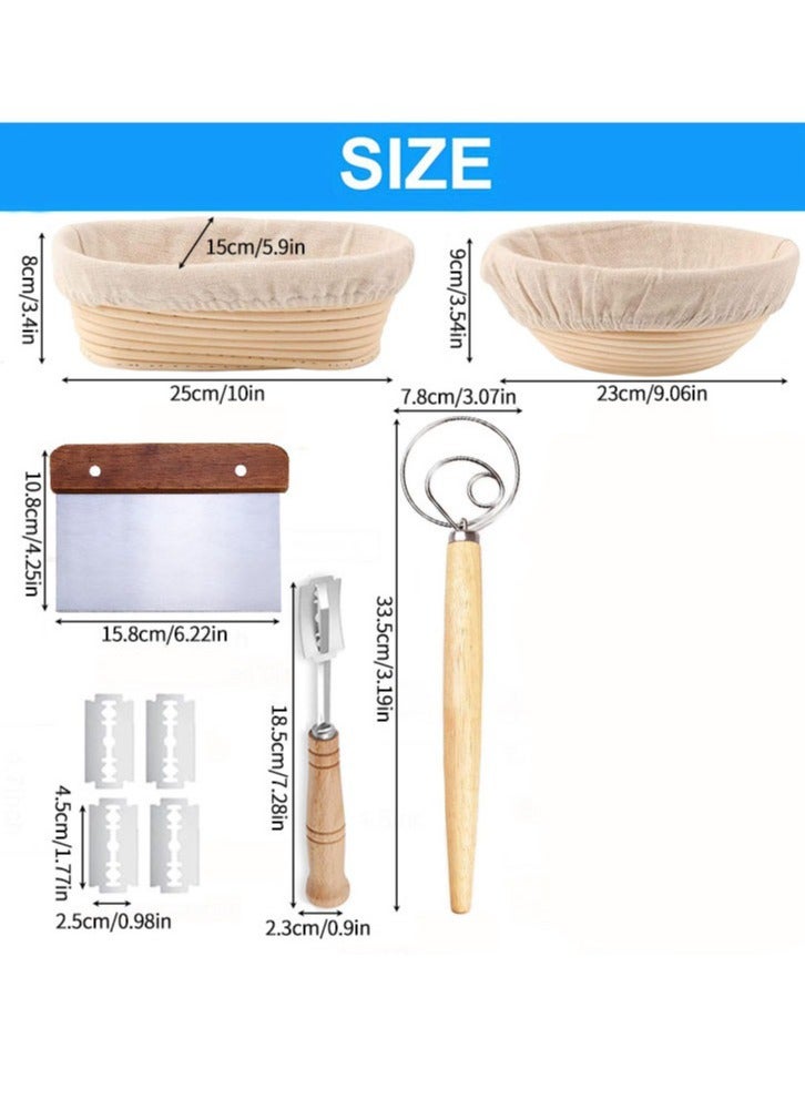 Furtey 14-piece Sourdough Starter Kit Banneton Bread Proofing Basket Set,Bread baking kit baking tools, dough scraper, cloth cover, cutting knife, trimming knife, short-handled double-eye mixer, natural rattan oval + round bread fermentation basket，Making Baking Fermentation - Image 4
