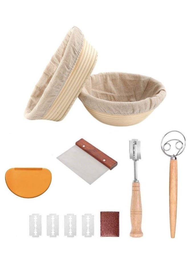 Furtey 14-piece Sourdough Starter Kit Banneton Bread Proofing Basket Set,Bread baking kit baking tools, dough scraper, cloth cover, cutting knife, trimming knife, short-handled double-eye mixer, natural rattan oval + round bread fermentation basket，Making Baking Fermentation - Image 1