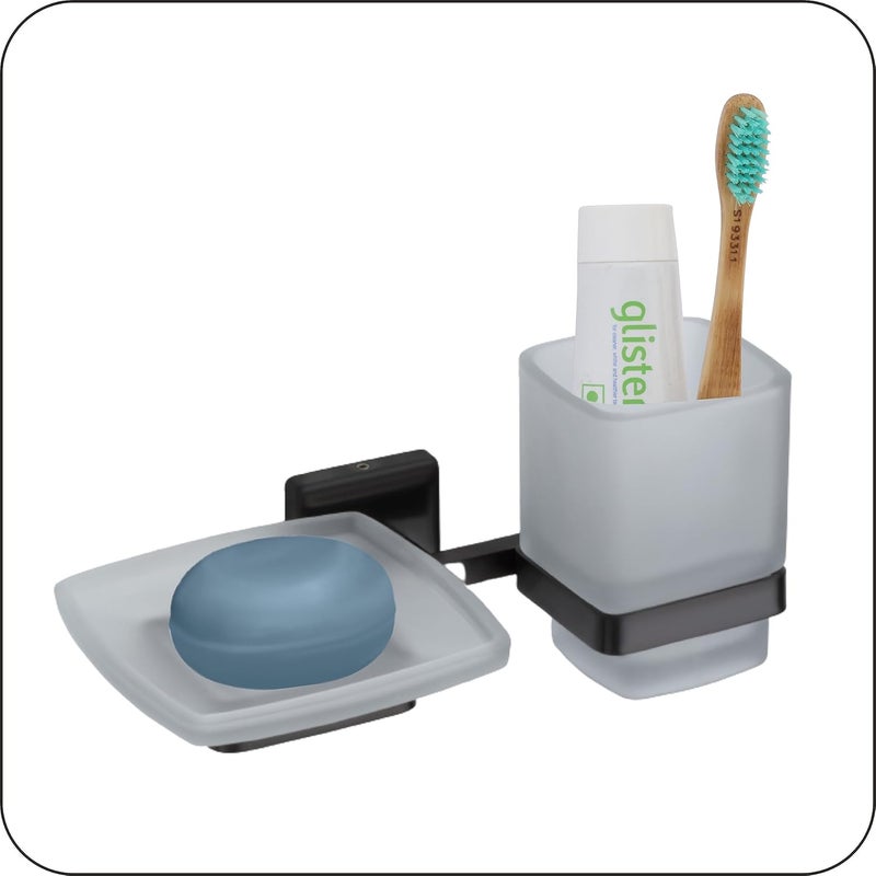 Easyhome Furnish EASYHOME FURNISH soap dish with toothbrush holder tumbler stand for washbasin sabu dani and brush holder for bathroom tumbler holders dispensers 42304 stainless steelBlack PVD Finishfrosted glass  - Image 2