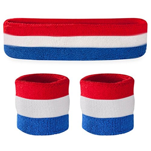Suddora Striped Sweatband Set, Moisture Wicking 2 Wristbands and 1 Headband, Breathable Athletic Sweat Bands for Sports, Costumes & Cosplay, Matching Bands to Wear with Jersey, Red White Blue - Image 1